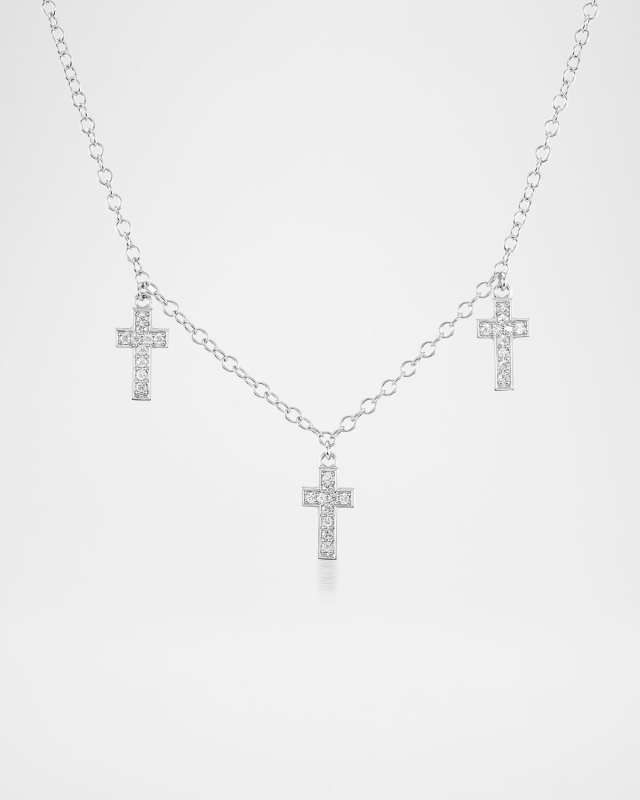 Sterling Silver 3-Cross Dangle Statement Necklace with Diamonds